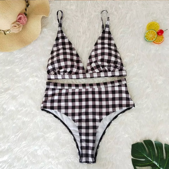 CLEARANCE Black Gingham Check High Waisted Bikini Swimsuit - Picture 3 of 4